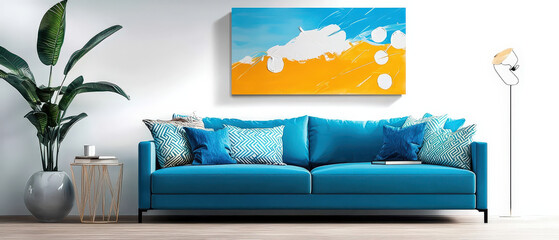 modern blue sofa with decorative pillows, plant, and artwork
