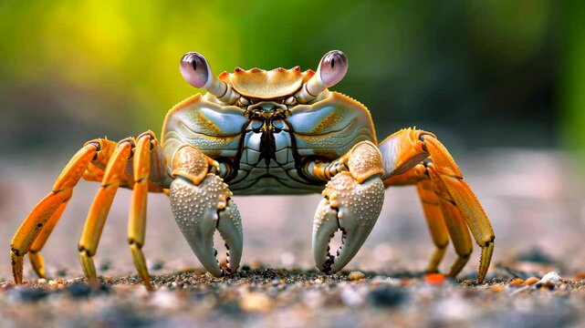 Crab scuttles across the sandy beach, shell gleaming under the sun, coastal charm, Ai Generated.