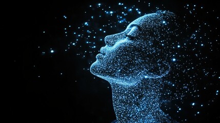 Luminous silhouette of a person made of stars, cosmic tones of blue and white, space like background