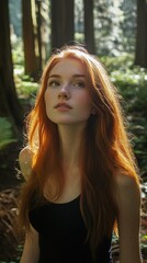 Fototapeta premium Young woman with pale skin, long red hair, and bright green eyes, hiking on a forest trail, surrounded by tall trees, golden sunlight streaming through leaves