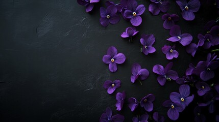 Silhouette of flowers made of violets on a dark background, soft shadows, central composition