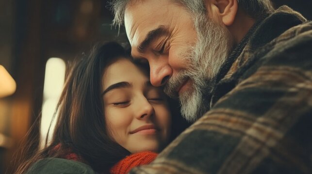 Heartwarming Moment Between a Grandfather and His Granddaughter in a Cozy Indoor Setting Capturing Love, Happiness, and Generational Bonds on a Cold Winter Day