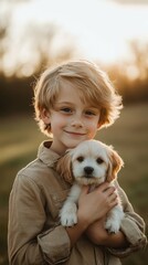 Young boy with pale skin, blonde hair, and a shy smile, holding a small dog in a park, grassy field and trees in the background, warm natural sunlight