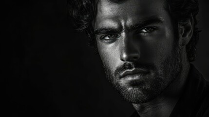 Fototapeta premium Strict portrait of a man in black and white tones, strong shadows and contrast, studio lighting