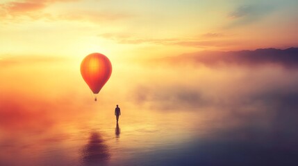Fototapeta premium Serene Early Morning Scene of a Single Person Standing Alone by a Calm Lake with a Colorful Hot Air Balloon Rising into a Vibrant Sunrise Sky