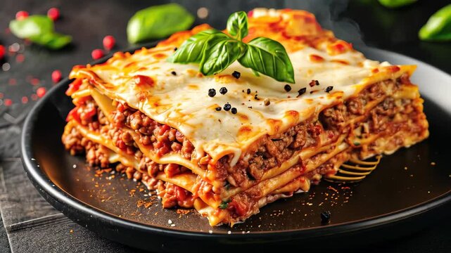 Traditional lasagna with beef bolognese and bechamel sauce, garnished with basil, Ai Generated.