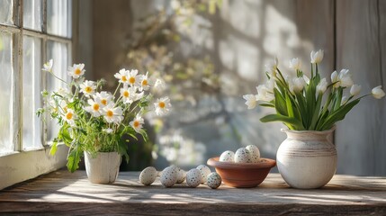 Fototapeta premium Rustic table with spring flowers and natural Easter decorations, soft natural lighting and sharp cozy details,