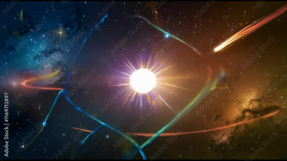 Poster a vibrant illustration of an atom with colorful electrons orbiting around a bright nucleus, symboliz