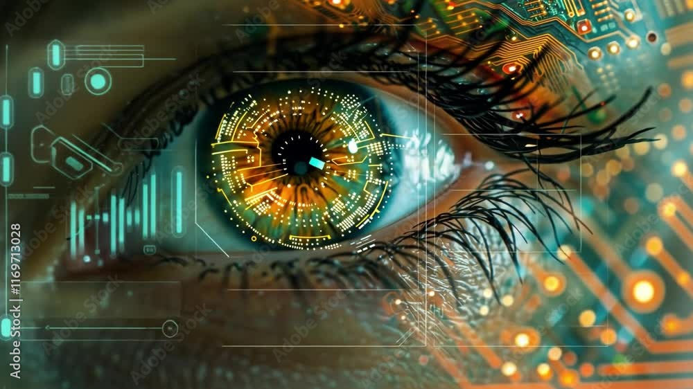 Poster An intricate close-up of an eye showcases vibrant colors and detailed circuitry patterns that symbolize the blend of technology and human perception. This artwork highlights AI's impact on our senses.