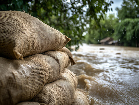 Sandbags positioned along a flooded river to prevent water damage during heavy rain in a rural area