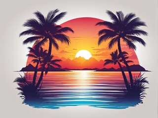 Breathtaking sunset over coastal waters, palm trees creating inviting atmosphere, colorful mountains enhancing tranquil scene, ideal for lifestyle and adventure themes, inspiring wanderlust.