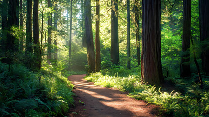 Obraz premium A lush and serene forest pathway surrounded by towering trees and dappled sunlight, ultra-realistic. Dapplewood. Illustration