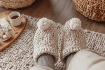 A pair of beige slippers with pom-poms, worn with socks on a knitted beige rug. The composition exudes coziness, warmth, and a sense of home comfort