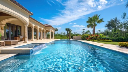 Fototapeta premium Beautiful house exterior and large swimming pool, AI generated image