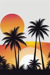 Stunning tropical sunset, vibrant colors reflecting on calm waters, silhouettes of palm trees framing beautiful landscape, perfect for promoting relaxation, travel, and adventure visuals.