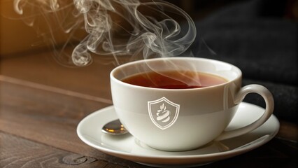 Close up of steam rising from a delicate porcelain teacup revealing the deep amber hue of the adaptogen tea inside. Wisps of mist curl upward where a translucent shield