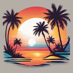 Obraz premium Stunning tropical sunset, vibrant colors reflecting on calm waters, silhouettes of palm trees framing beautiful landscape, perfect for promoting relaxation, travel, and adventure visuals.