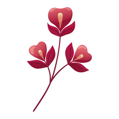 Beautiful single branch with bright pink flowers isolated on white background. Vector botanical element for Valentine s Day. Perfect for romantic cards, logo, decorations, spring and summer designs.
