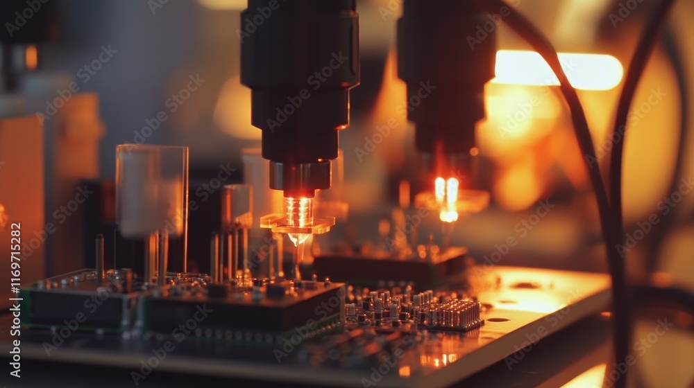 Poster a macro shot of circuit board components being soldered together with the soft glow of a work lamp i