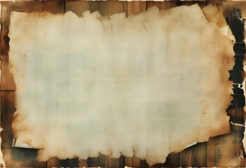 Ein gealtertes, vergilbtes Papier mit verbrannten, unregelmäßigen Rändern auf einem rustikalen Hintergrund, ideal für nostalgische oder antike Designs. Generative KI.