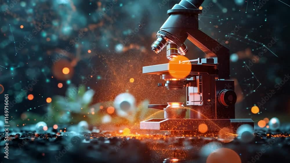 Poster Advanced technology focuses on a microscope analyzing stem cells in a vibrant, detailed environment. The scene highlights the intersection of biology and artificial intelligence in research.