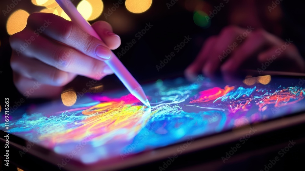 Aufkleber a closeup of a designer sketching on a translucent tablet with a stylus the screen lighting up with 