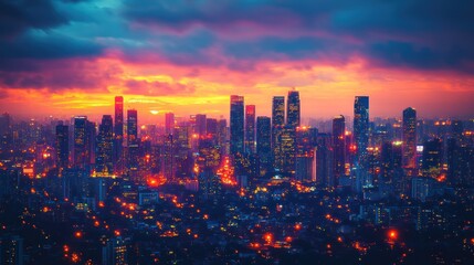 Obraz premium City skyline at sunset with vibrant colors.