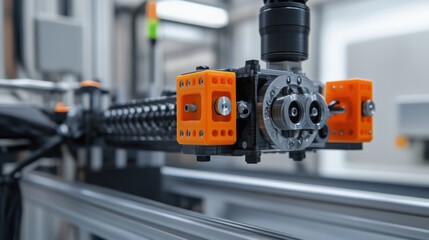 Fototapeta premium A closeup of a 3Dprinted robotic part resting on a calibration station highlighting the fine details and textures of the additive manufacturing process.