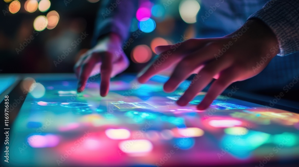 Poster a pair of hands skillfully navigating a touchscreen exploring educational content that focuses on en