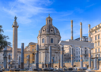 Urban view of Rome in Italy: Trajan's Forum with the colonnade of the Basilica Ulpia.	