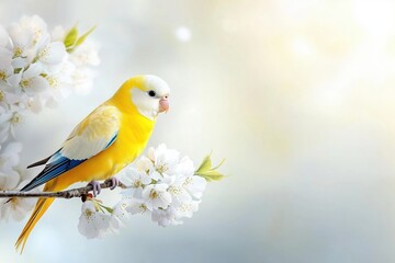 Fototapeta premium Yellow and blue parrot perched on blooming white flowers against soft pastel background. Tropical and floral elegance.