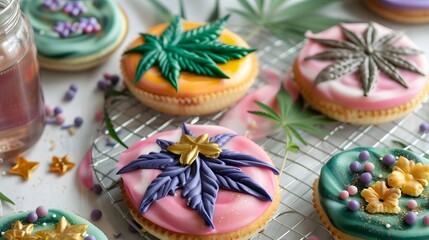 Cannabis edibles styled with intricate icing patterns and vibrant toppings, emphasizing creativity and modern culinary aesthetics.