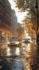 Fototapeta premium Urban Street Scene with Rain, Glowing Lights and Cars Splashing Water