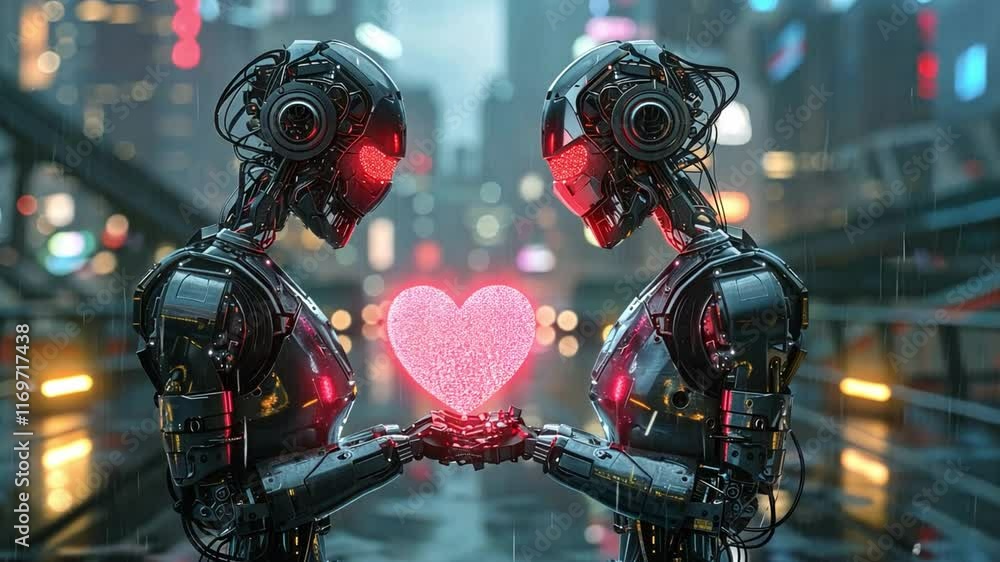 Aufkleber Two advanced robots stand face to face, holding a luminous heart between them. The backdrop features a bustling neon city, illuminated by colorful lights, capturing a romantic atmosphere.