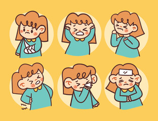 Cute Illustrations of Kids Expressing Illness Sick Symptoms with Hand-Drawn Cartoon Style for Health and Learning Projects