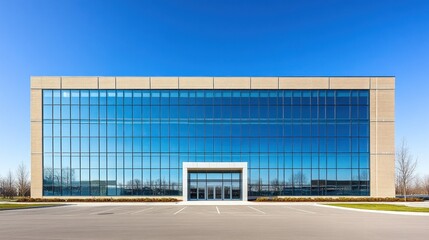 Modern glass office building exterior with entrance.