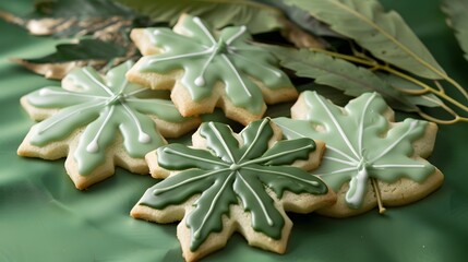 Cannabis-infused cookies styled with creative icing and leaf garnishes, presented on a sleek green background for modern culinary concepts.