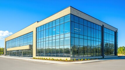 Fototapeta premium Modern glass and stone commercial building exterior on a sunny day.