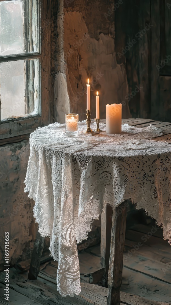 Poster rustic table setting with candles and lace tablecloth in dim light