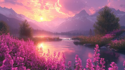 A serene landscape featuring mountains, a river, and vibrant pink flowers at sunset.