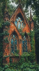 Fototapeta premium Overgrown Gothic Chapel Surrounded by Lush Greenery and Nature