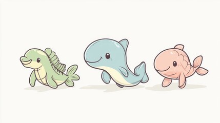 Adorable Cartoon Sea Creatures Illustration: Playful Dolphin,  Charming Fish, and Cute Seal Design