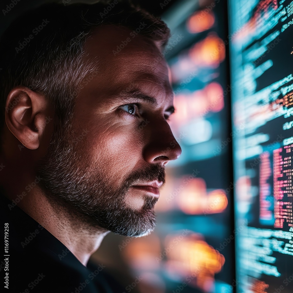 Poster a close-up of a man fixating on a digital screen, where vibrant graphics create a reflection on his 