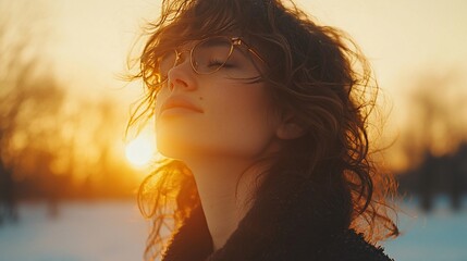 Woman with curly hair enjoying sunset.