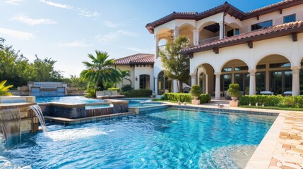 Beautiful house exterior and large swimming pool, AI generated image