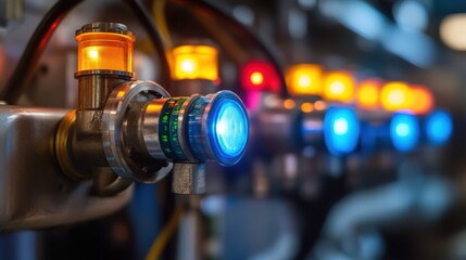 Fototapeta premium A closeup of sensors embedded in machinery with colorful LED indicators flashing representing the transition to smart technology in manufacturing systems.