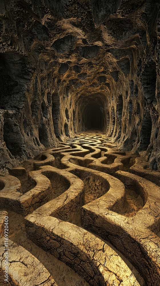 Poster mysterious cave passage with intricate winding path and shadows