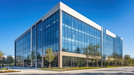 Obraz premium Modern glass office building with landscaping on a sunny day.