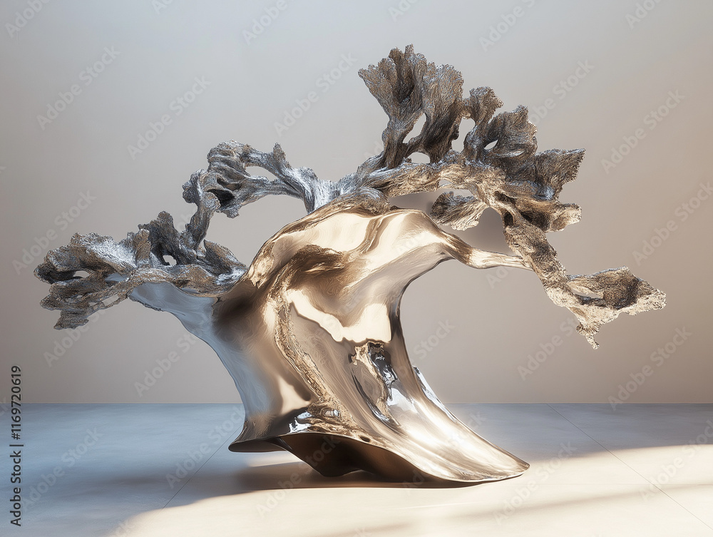 Poster large intricate metallic sculpture resembling a tree with realistic textures, fine details, and ligh