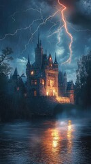 Fototapeta premium Mysterious Castle Under Stormy Sky with Lightning and Reflection